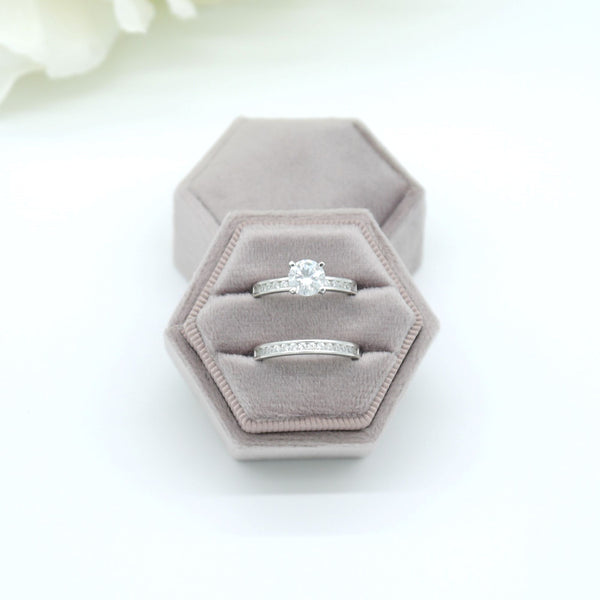 Grey Lavender Hexagon Double Velvet Ring Box