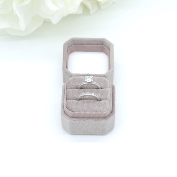 Grey Lavender Square Octagon Double Velvet Ring Box