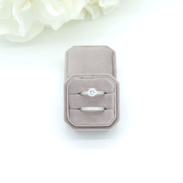 Grey Lavender Square Octagon Double Velvet Ring Box