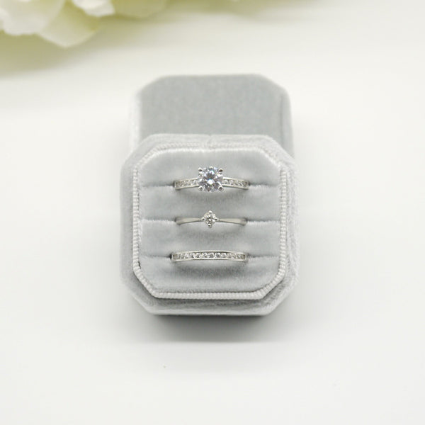 Light Grey Square Octagon Triple Velvet Ring Box