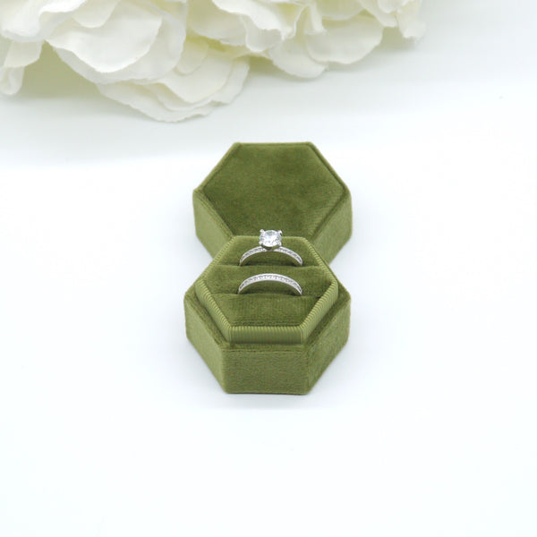 Olive Green Hexagon Double Velvet Ring Box