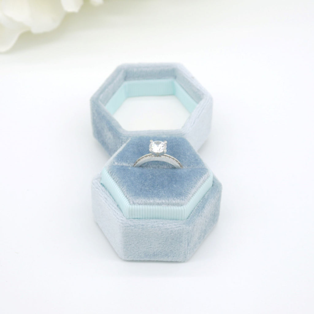 Cobalt Blue Hexagon Velvet Single Ring Box - Bijou Boxes
