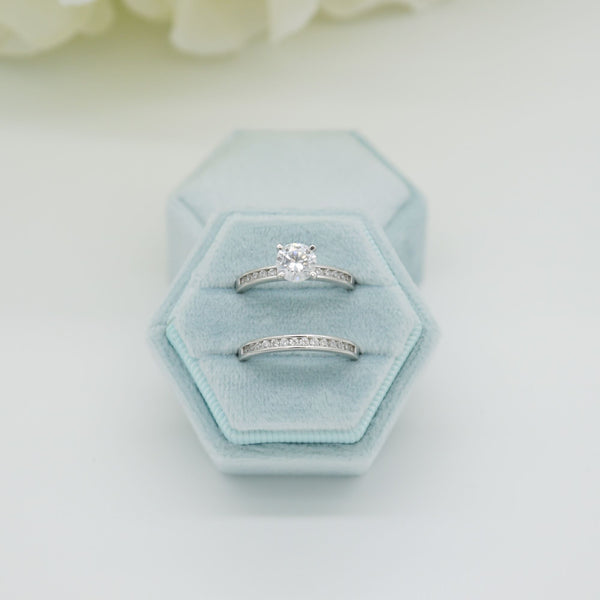 Pale Blue Hexagon Double Velvet Ring Box