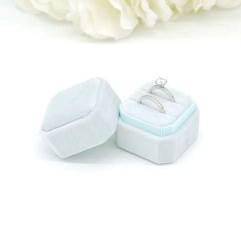 Pale Blue Square Octagon Double Velvet Ring Box