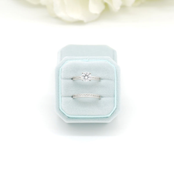 Pale Blue Square Octagon Double Velvet Ring Box