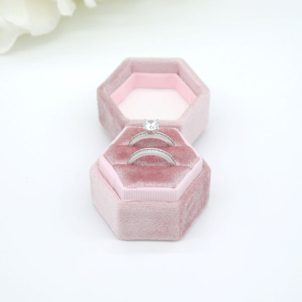 Pink (Sparkling) Hexagon Velvet Double Ring Box
