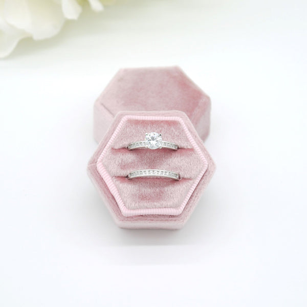 Pink (Sparkling) Hexagon Velvet Double Ring Box