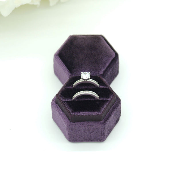 Purple Hexagon Double Velvet Ring Box