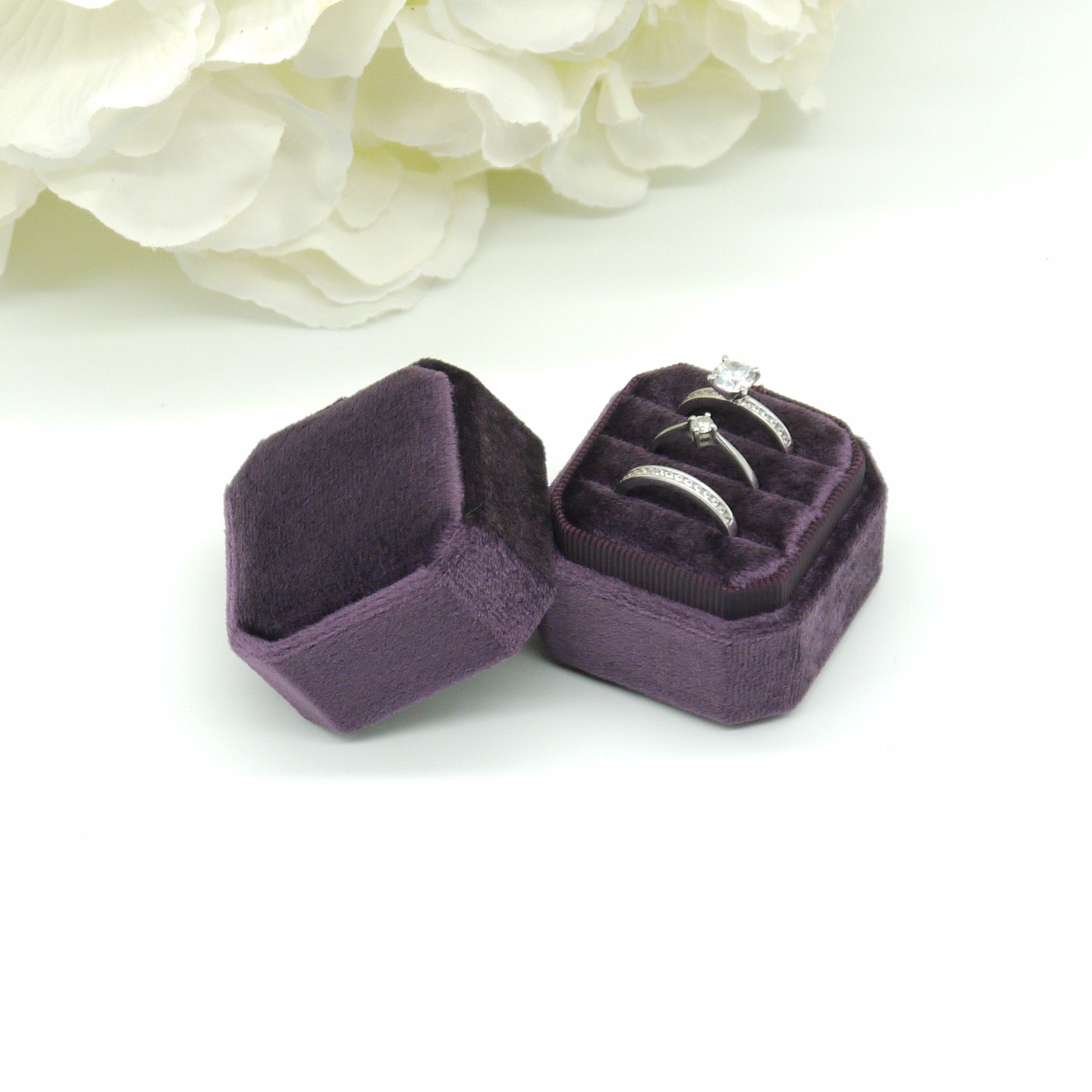 Purple Square Octagon Triple Velvet Ring Box