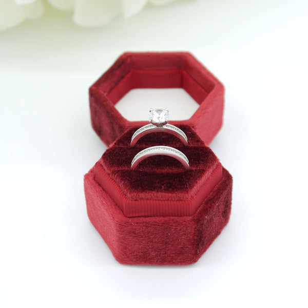 Red Hexagon Double Velvet Ring Box