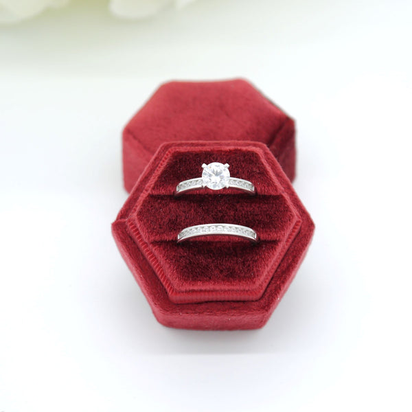 Red Hexagon Double Velvet Ring Box