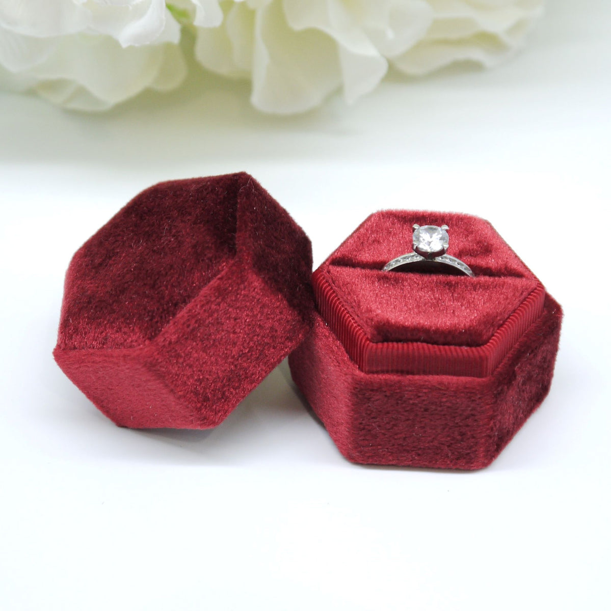 Red Hexagon Velvet Single Ring Box - Bijou Boxes