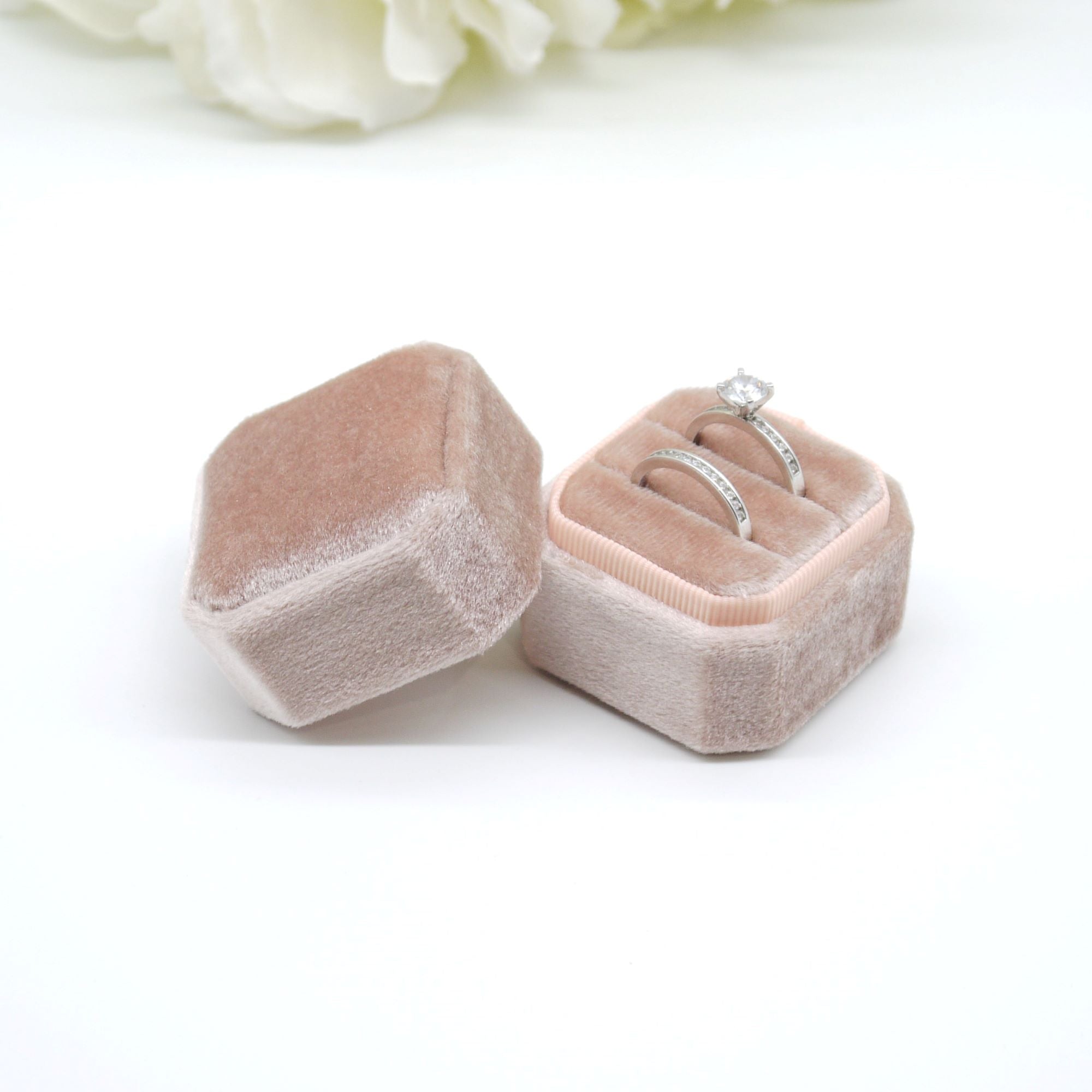 Rose Gold Square Octagon Double Velvet Ring Box