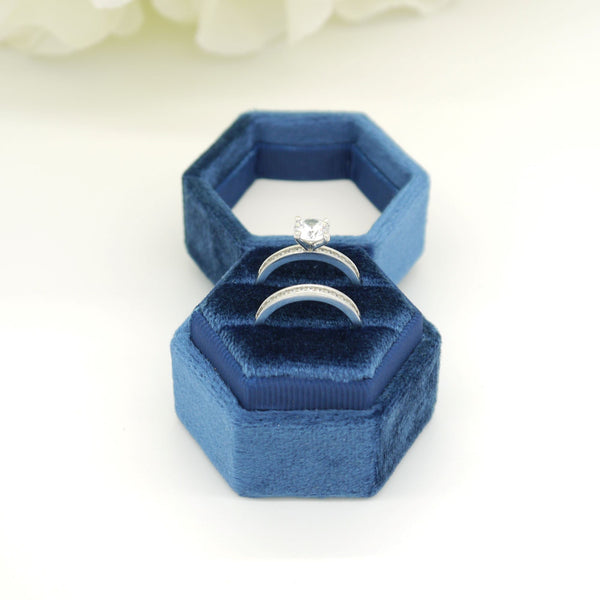 Royal Blue Hexagon Double Velvet Ring Box