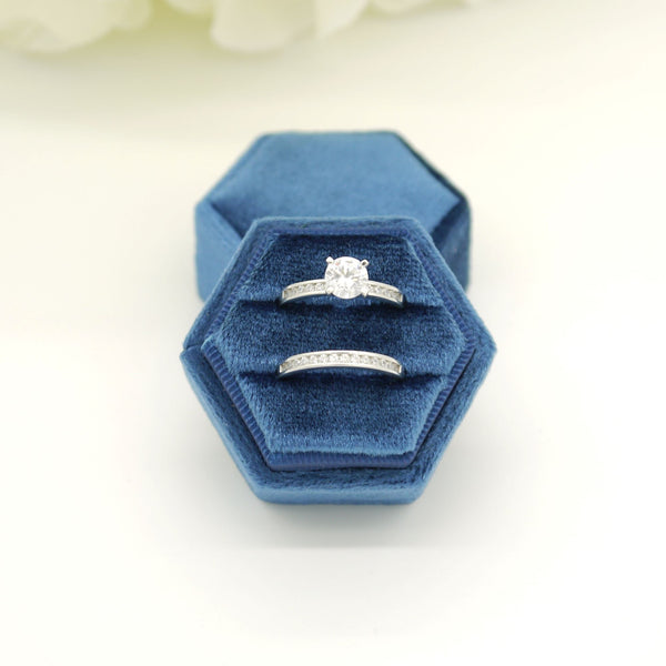 Royal Blue Hexagon Double Velvet Ring Box