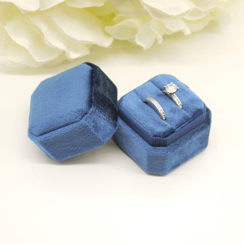 Royal Blue Square Octagon Double Velvet Ring Box