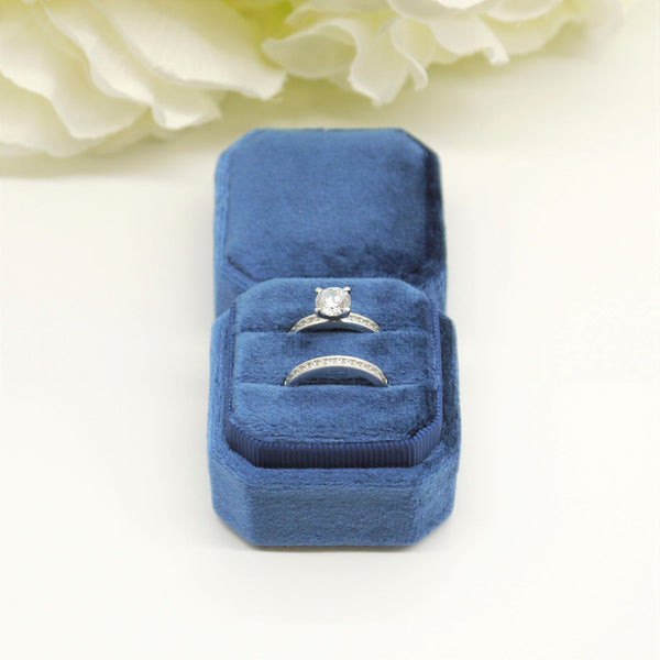 Royal Blue Square Octagon Double Velvet Ring Box