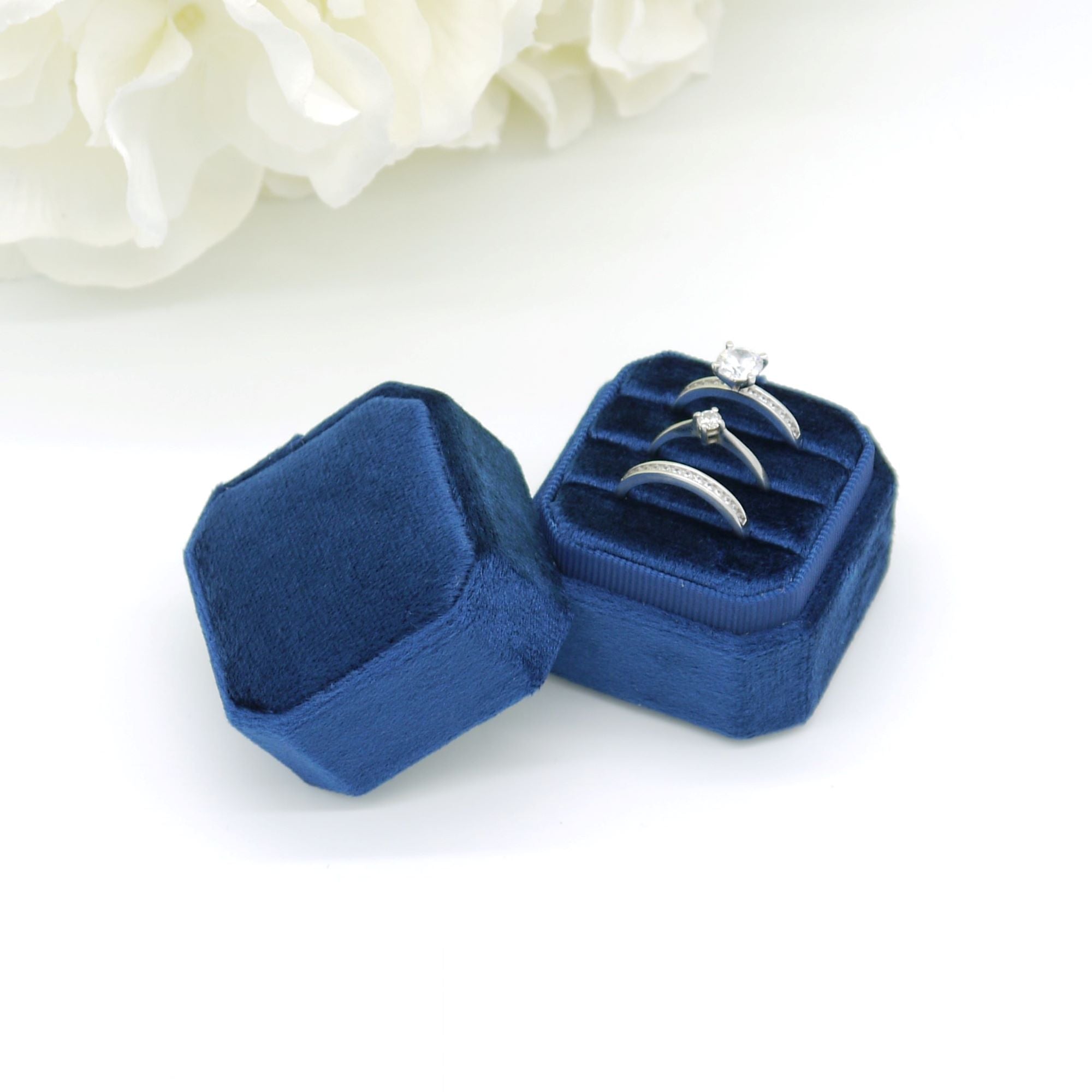 Royal Blue Square Octagon Triple Velvet Ring Box