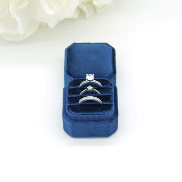 Royal Blue Square Octagon Triple Velvet Ring Box