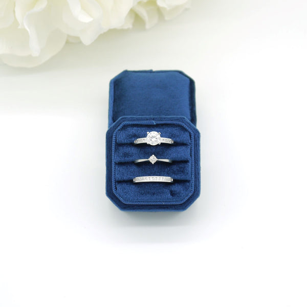 Royal Blue Square Octagon Triple Velvet Ring Box