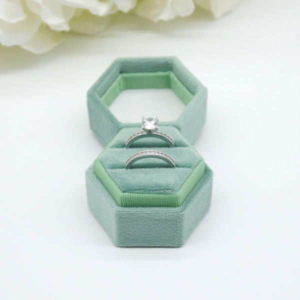 Sage Hexagon Double Velvet Ring Box
