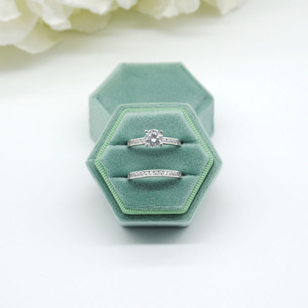 Sage Hexagon Double Velvet Ring Box