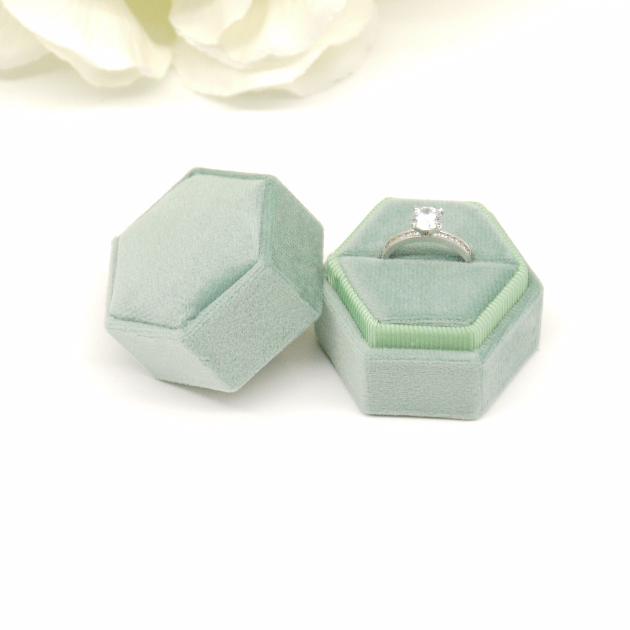 Sage Hexagon Velvet Single Ring Box - Bijou Boxes