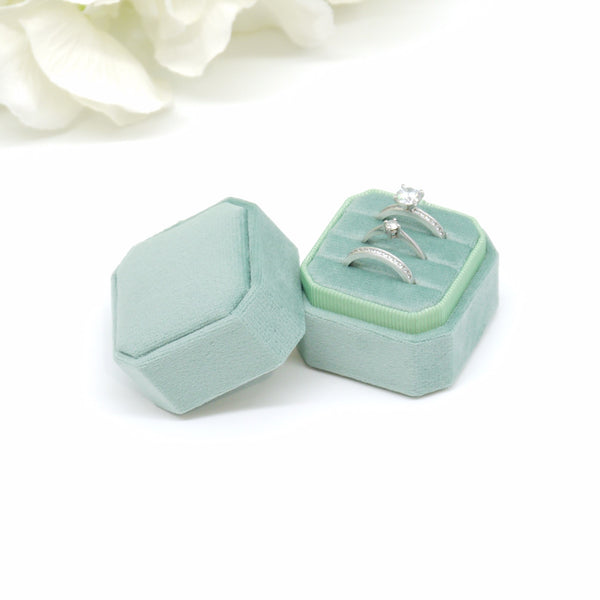 Sage Square Octagon Triple Velvet Ring Box