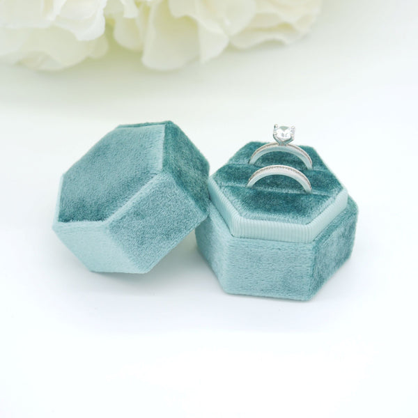Teal Hexagon Double Velvet Ring Box
