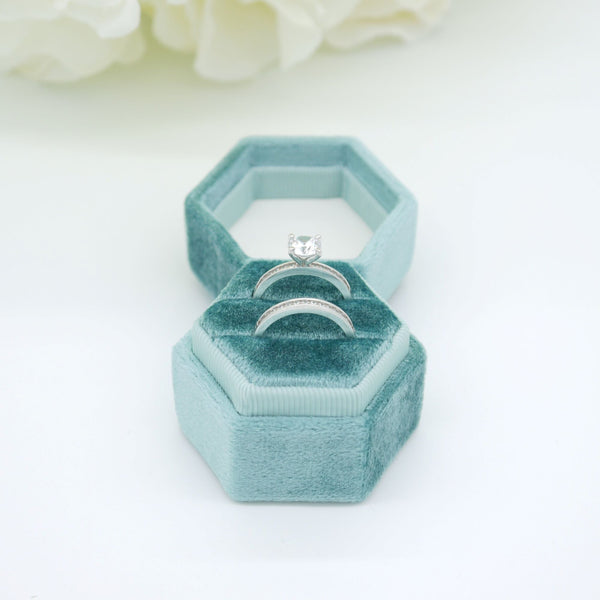 Teal Hexagon Double Velvet Ring Box