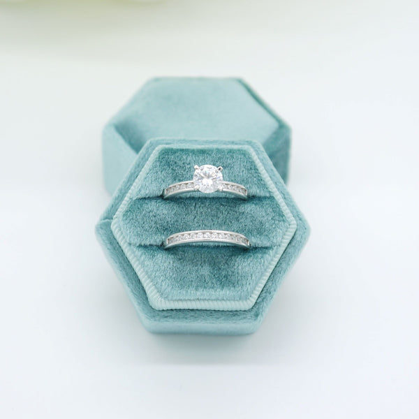 Teal Hexagon Double Velvet Ring Box