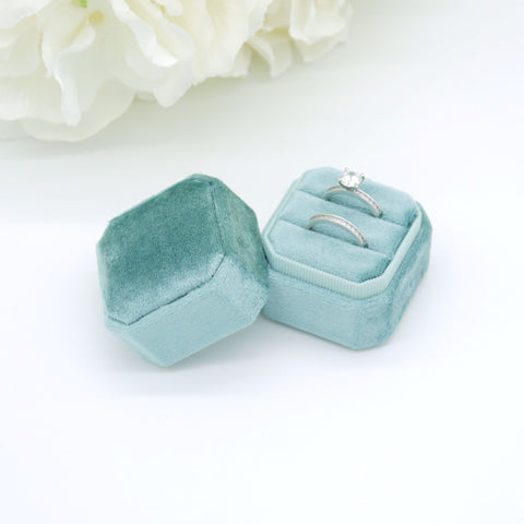 Teal Square Octagon Double Velvet Ring Box