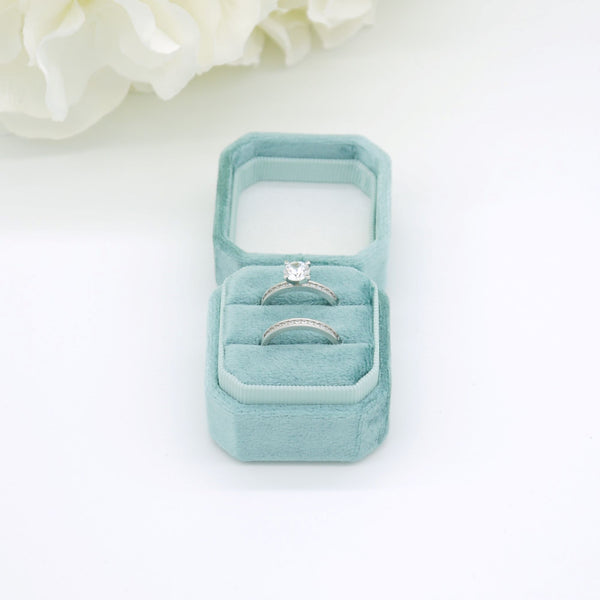 Teal Square Octagon Double Velvet Ring Box