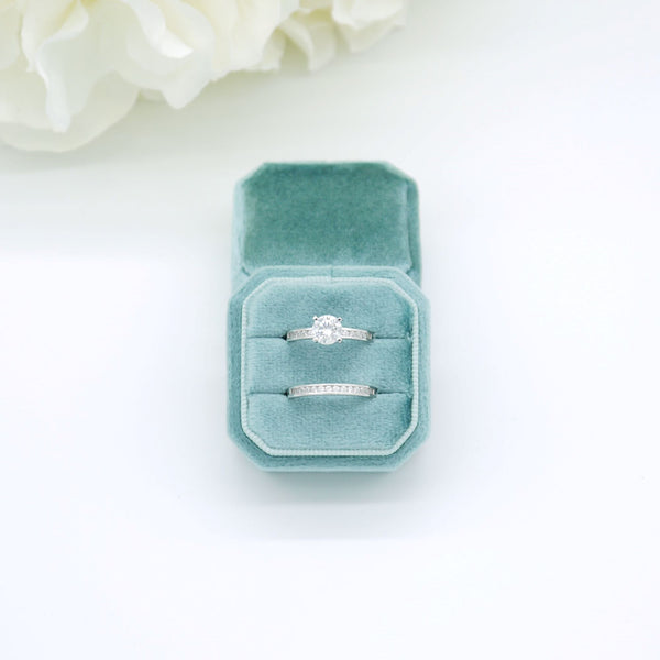 Teal Square Octagon Double Velvet Ring Box