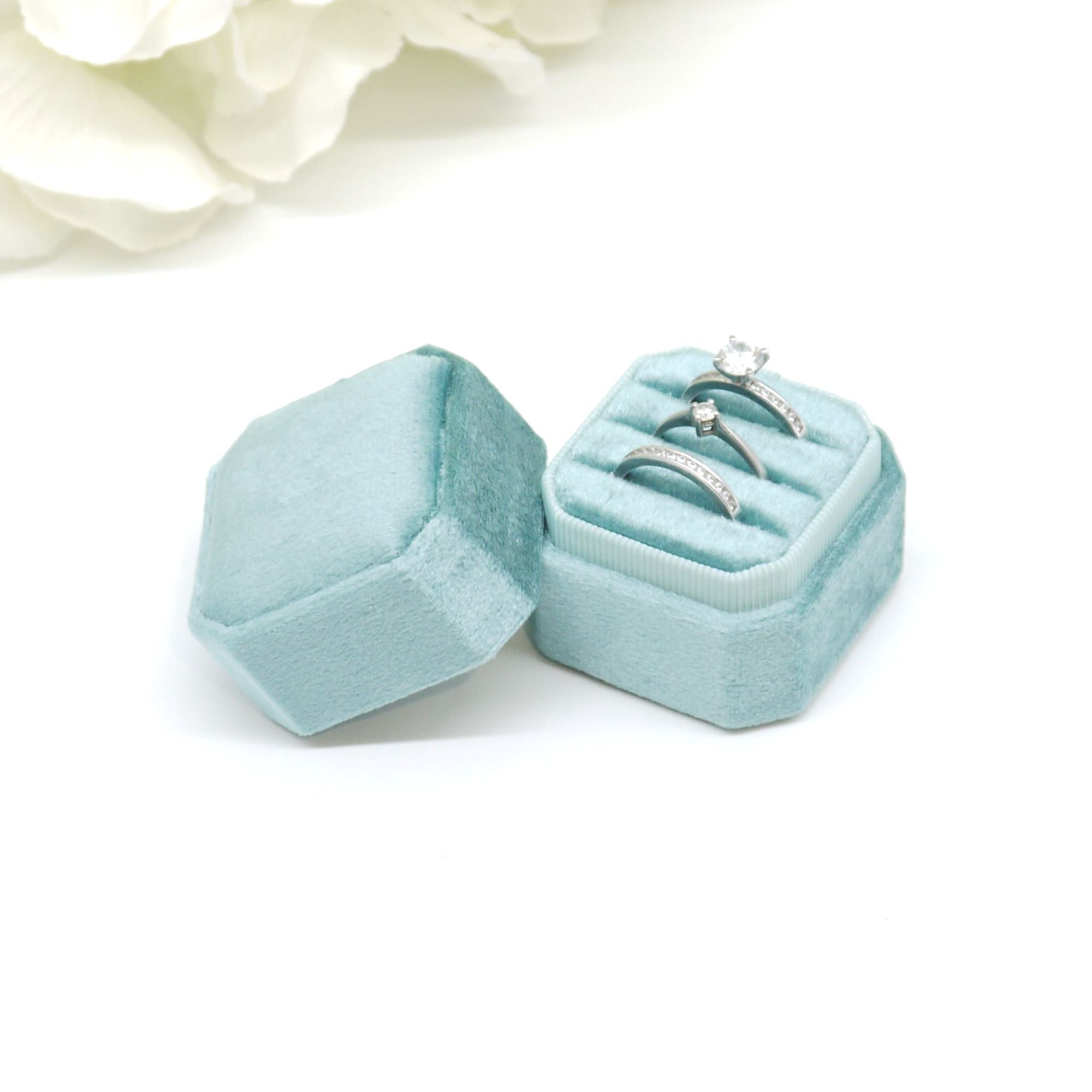 Teal Square Octagon Triple Velvet Ring Box