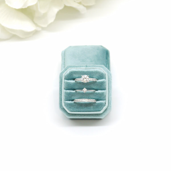Teal Square Octagon Triple Velvet Ring Box