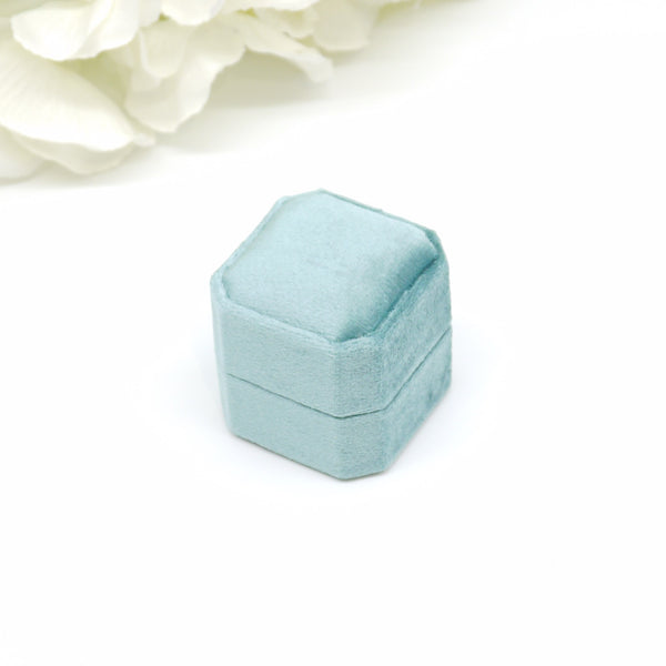 Teal Square Octagon Triple Velvet Ring Box