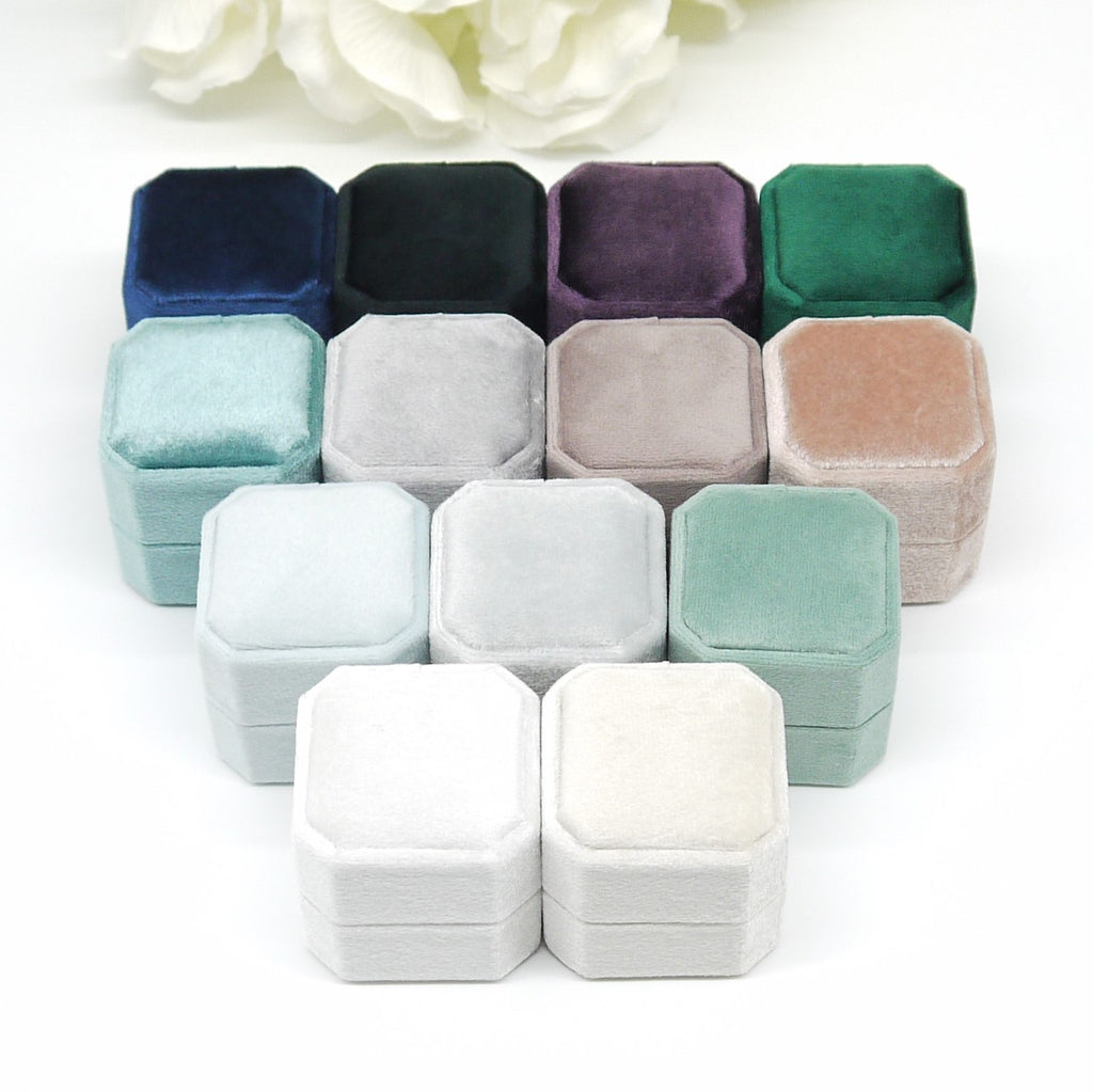 Ivory Square-Octagon Velvet Triple Ring Box - Bijou Boxes