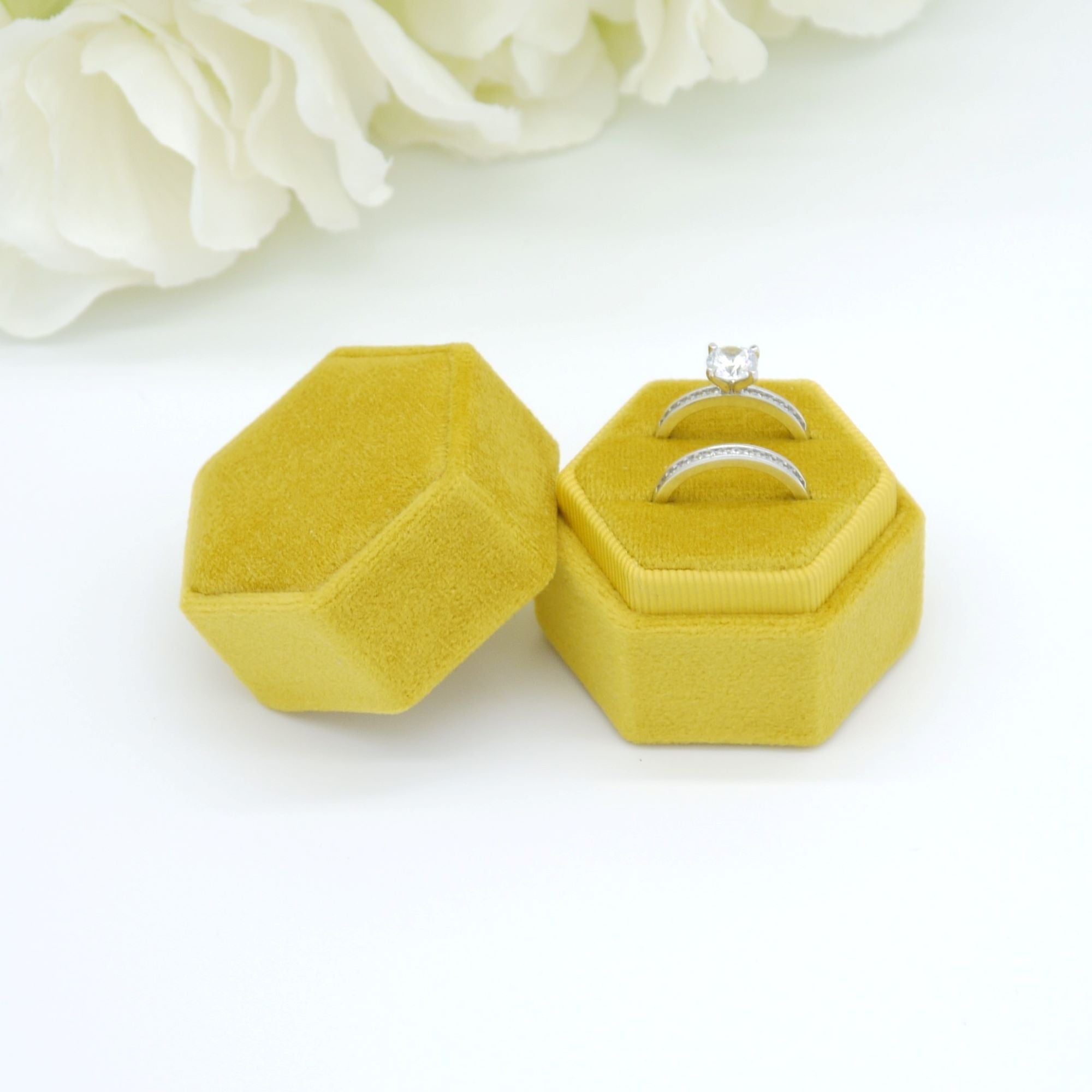 Yellow (Matt) Hexagon Double Velvet Ring Box